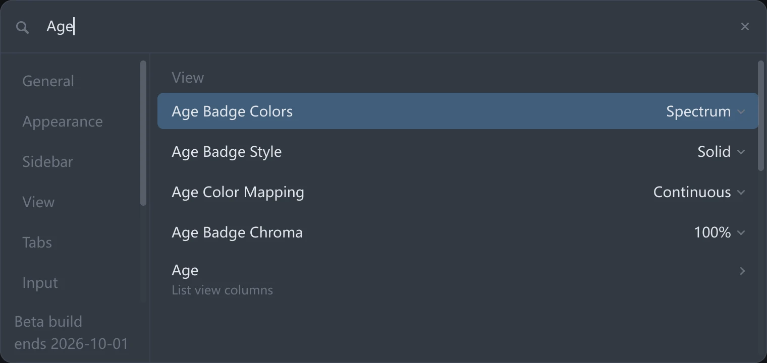 Searching for Age in tessoa Settings shows Age Badge Colors, Age Badge Style, Age Color Mapping and Age Badge Chroma in the View group, with a List view columns entry below
