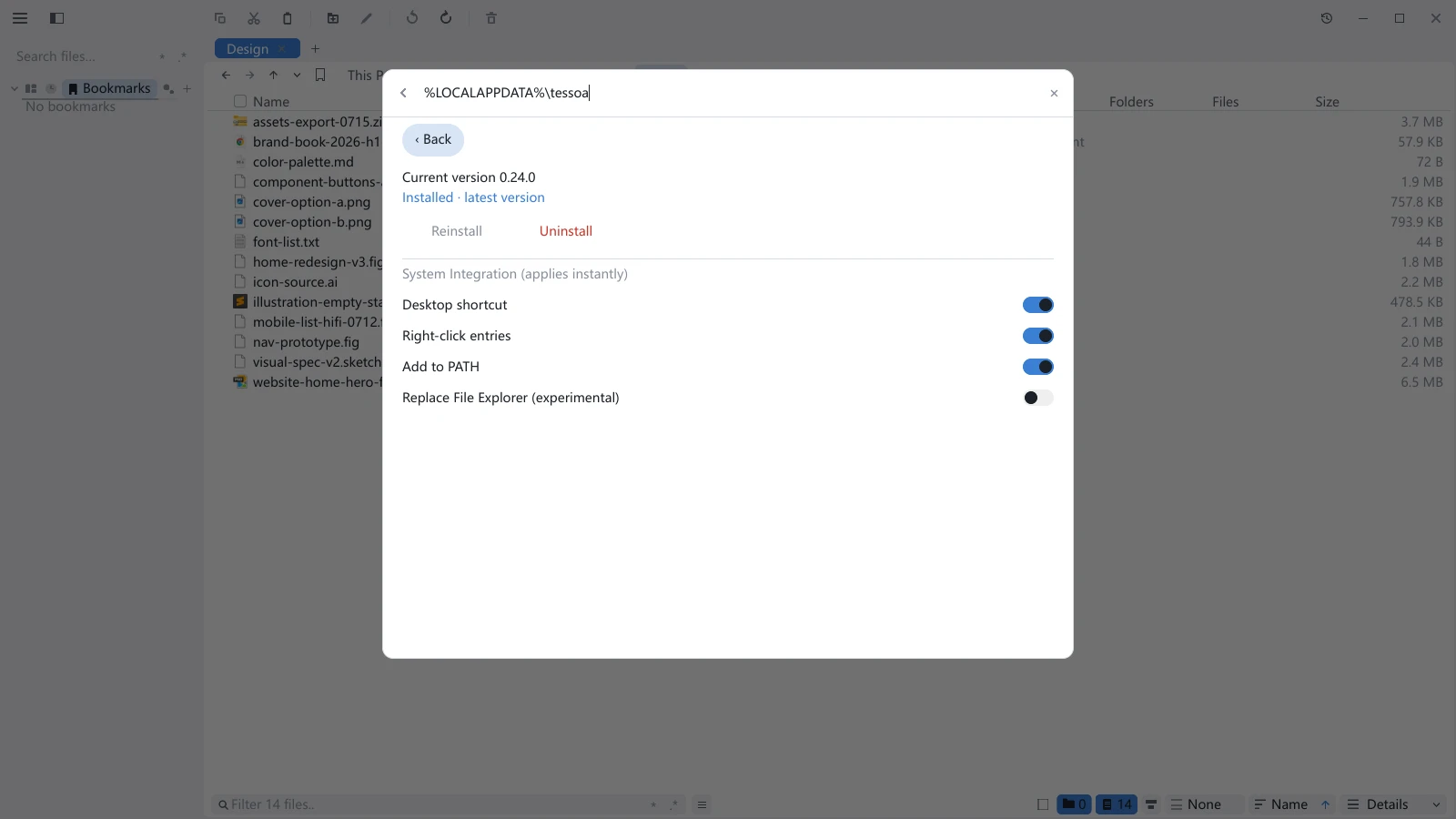 tessoa Windows install page: install location and system integration toggles