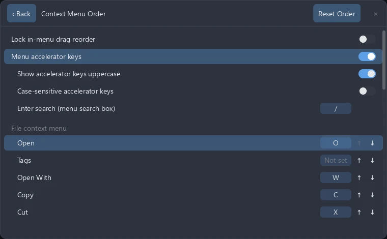The Context Menu Order page in tessoa settings: accelerator switches on top, menu items listed by group below