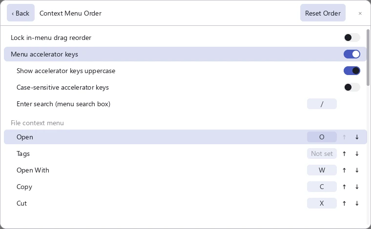 The Context Menu Order page in tessoa settings: accelerator switches on top, menu items listed by group below