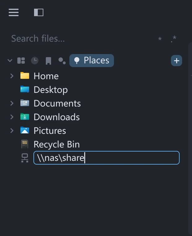 tessoa's sidebar Places component page: common folders followed by an inline box holding a half-typed network path