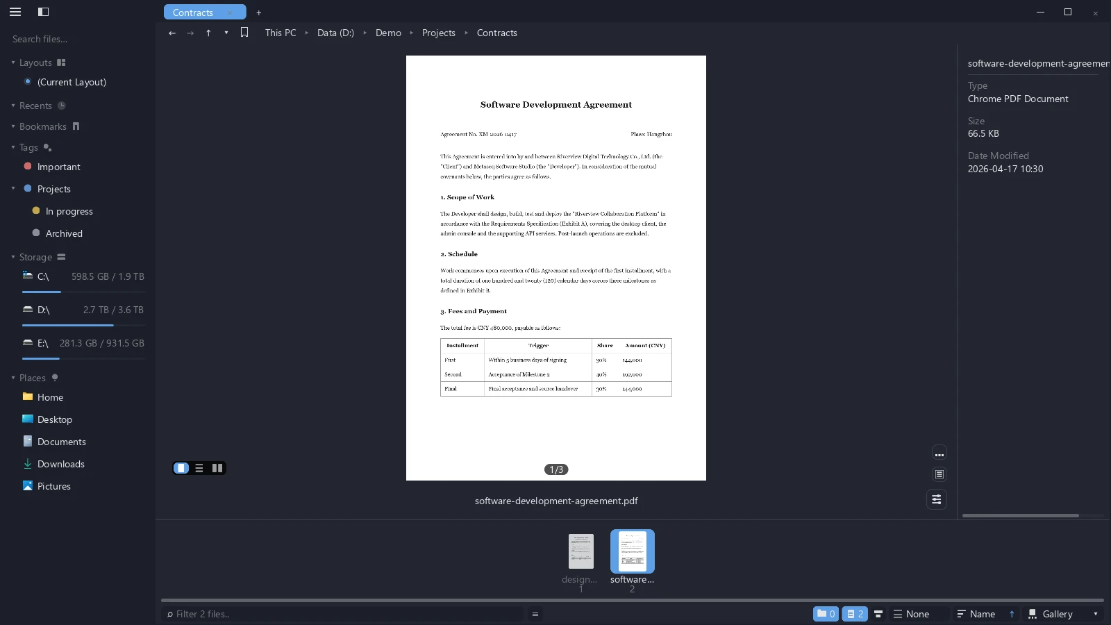 Previewing a multi-page PDF in tessoa with the page number and layout switcher visible
