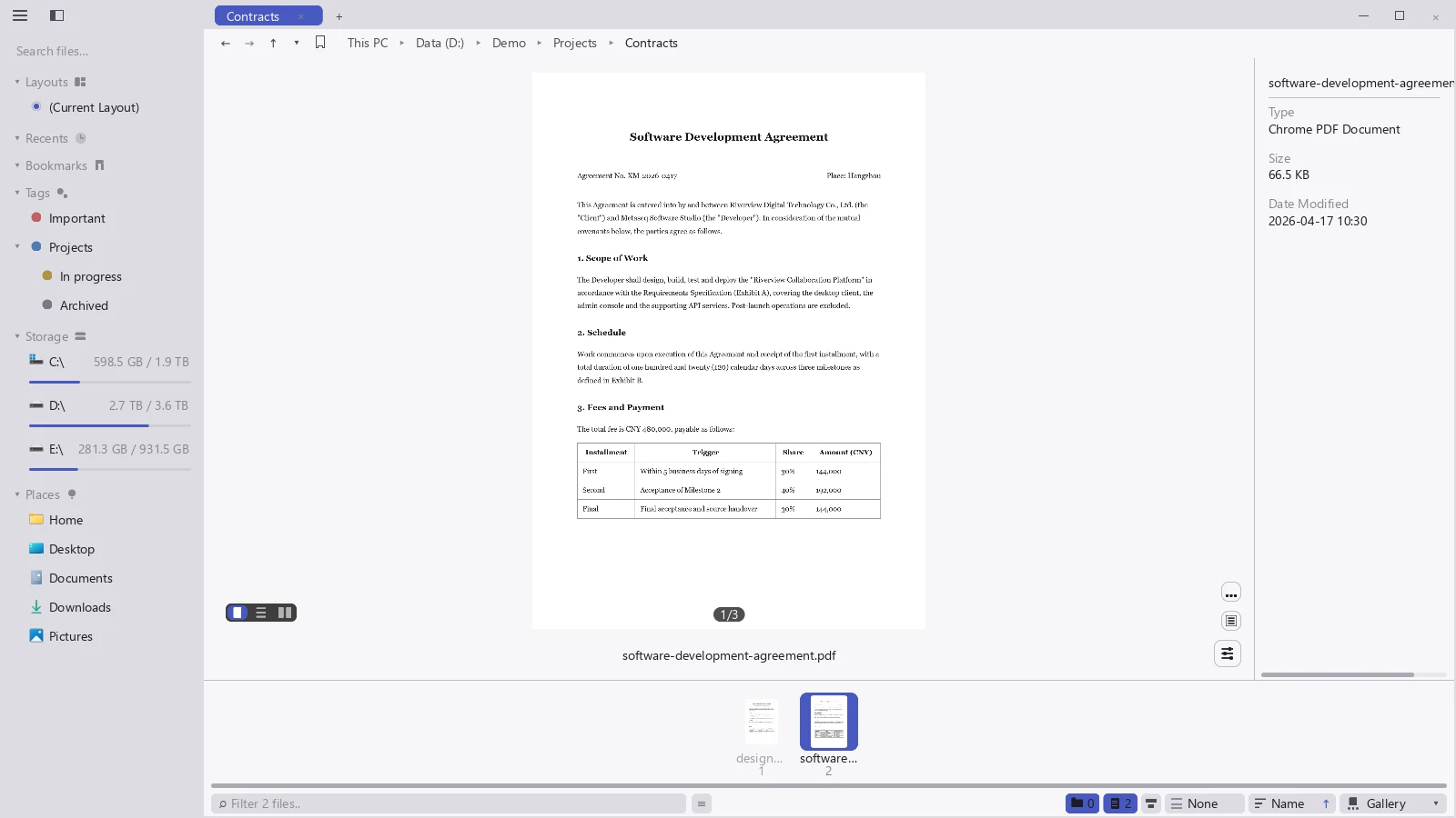 Previewing a multi-page PDF in tessoa with the page number and layout switcher visible