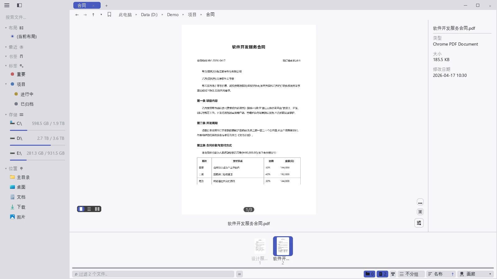 tessoa 中预览 PDF，显示页码与版式切换控件