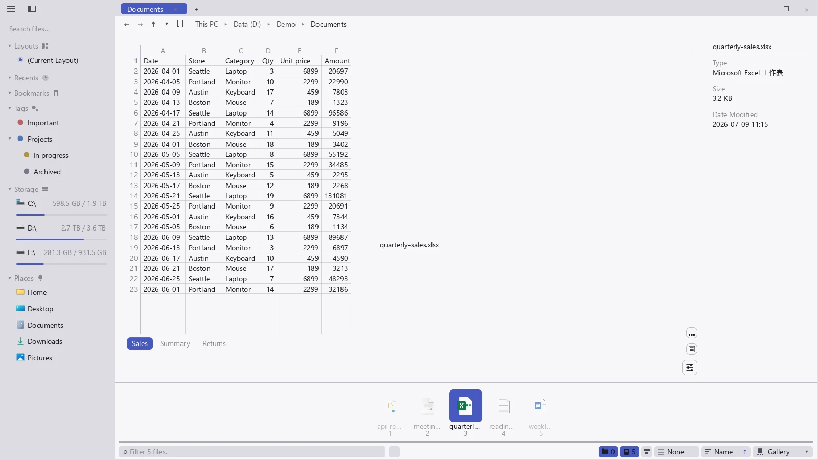 A workbook previewed in tessoa: a grid with row numbers and column letters, and buttons for three sheets along the bottom