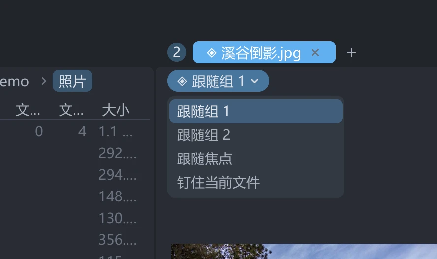 预览标签页的导航栏：只有一枚写着「跟随组 1」的绑定芯片，单击后下面展开改绑菜单