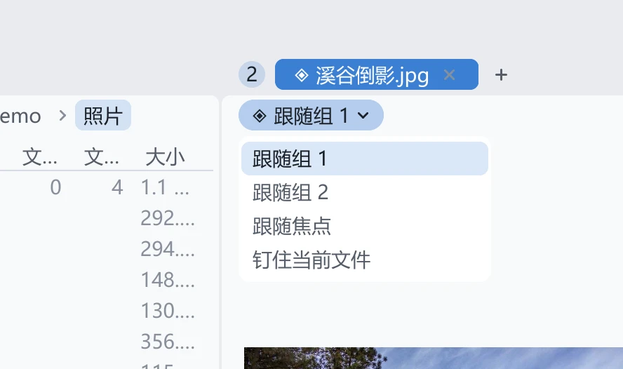 预览标签页的导航栏：只有一枚写着「跟随组 1」的绑定芯片，单击后下面展开改绑菜单