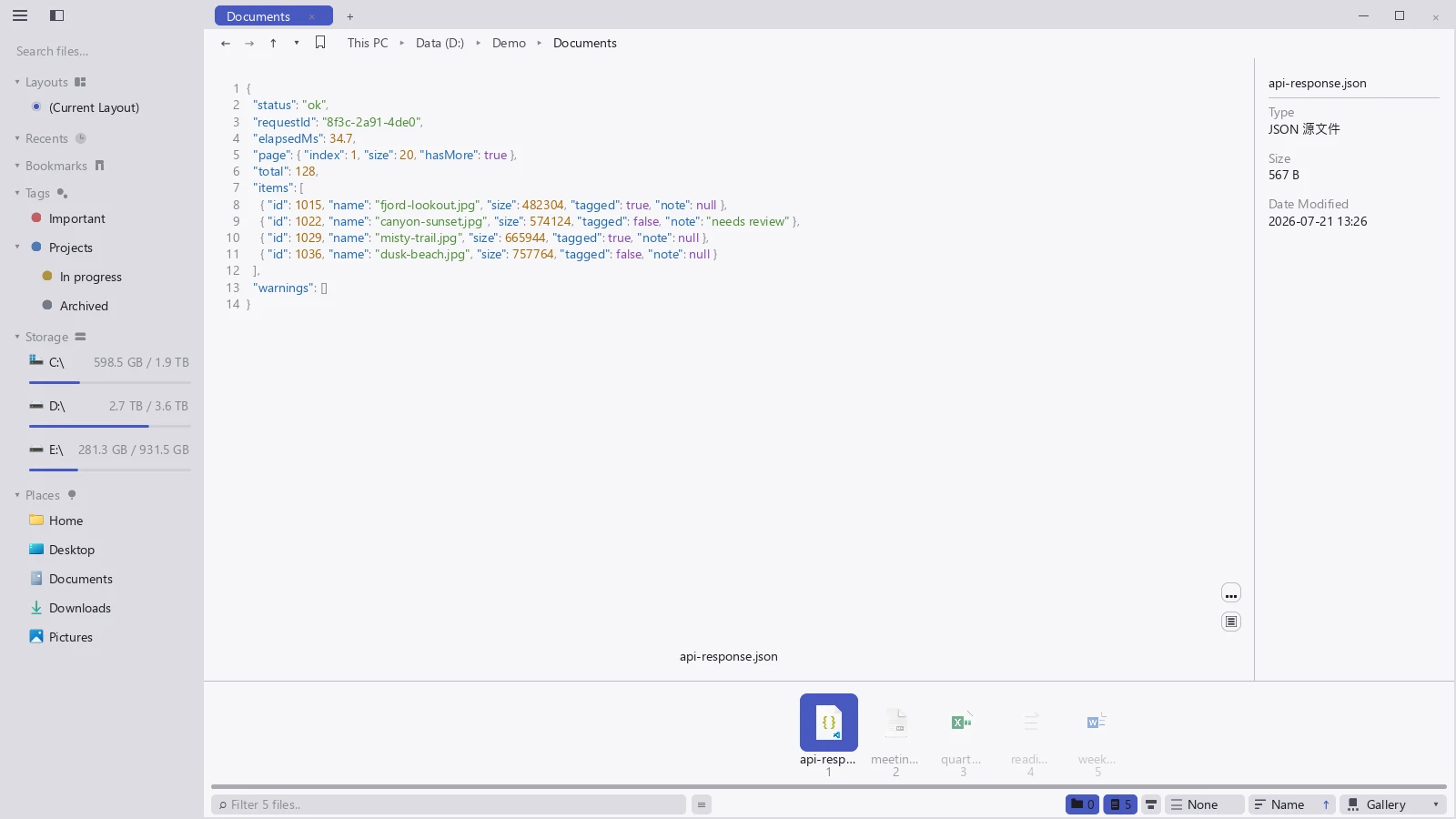 A JSON file previewed in tessoa with line numbers on the left and separate colors for keys, strings, numbers, and booleans
