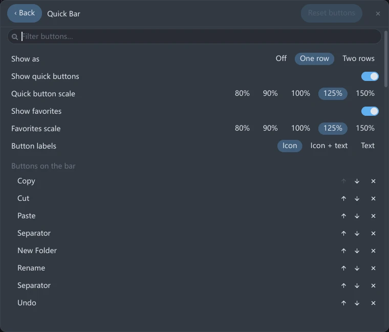 tessoa's Quick Bar settings page: a filter box at the top, then the Show as, Show quick buttons, Quick button scale, Show favorites, Favorites scale and Button labels rows, and below them the Buttons on the bar group listing Copy, Cut, Paste, Separator and more, each row ending in an up arrow, a down arrow and an ×