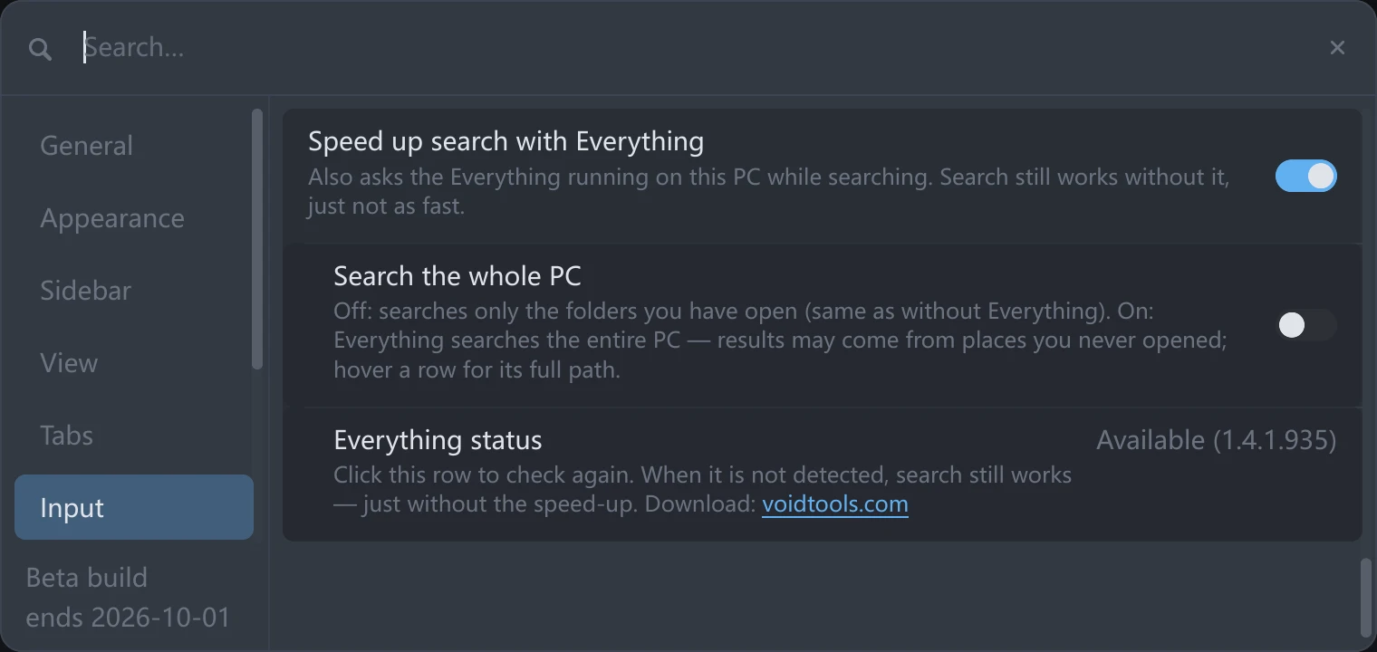 The bottom of the Input group in tessoa Settings on Windows, with Everything acceleration on, Search the whole PC off and Everything status showing Available
