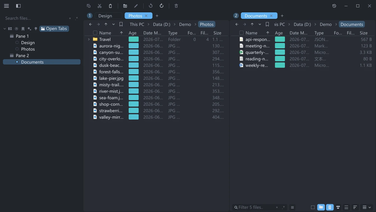 The tessoa Open Tabs page lists Design, Photos and Documents under Pane 1 and Pane 2, with the Documents row selected