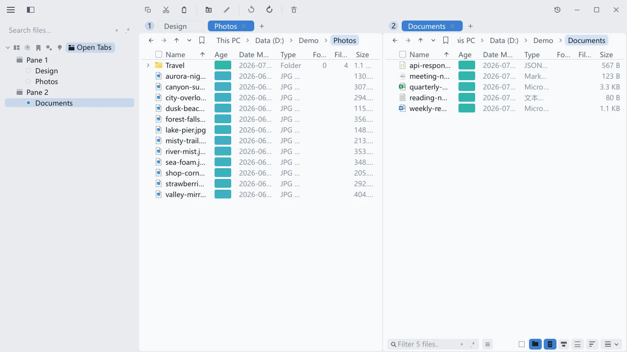 The tessoa Open Tabs page lists Design, Photos and Documents under Pane 1 and Pane 2, with the Documents row selected