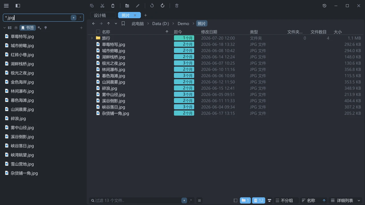 tessoa 侧栏搜索框输入通配符 *.jpg，左侧列出匹配的图片文件，右侧保留照片目录的详细列表