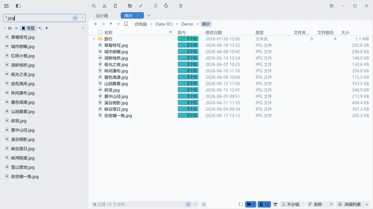 tessoa 侧栏搜索框输入通配符 *.jpg，左侧列出匹配的图片文件，右侧保留照片目录的详细列表