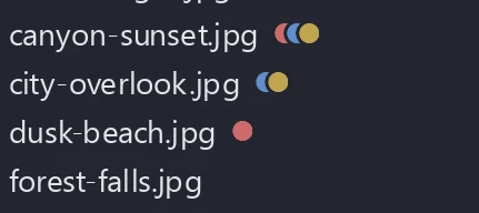 Colored tag dots at the end of list rows, at most three per row