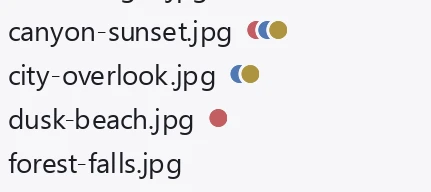 Colored tag dots at the end of list rows, at most three per row