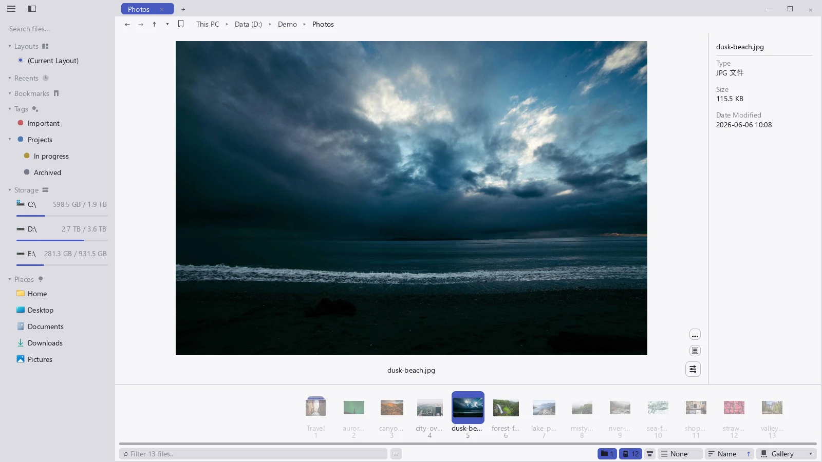 tessoa gallery view with a large center preview and filmstrip